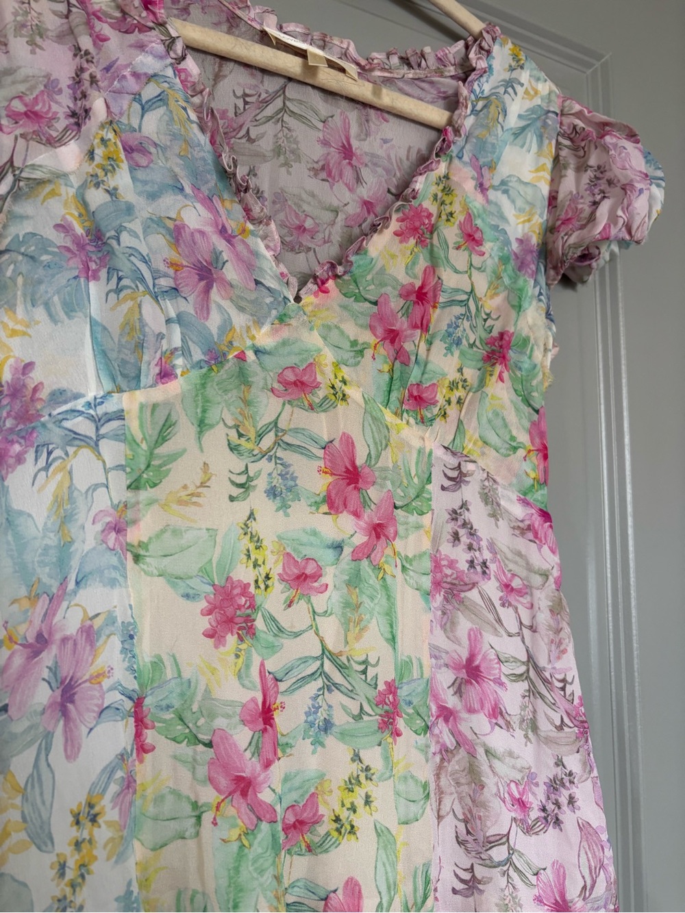 LOVESHACKFANCY Russ Silk Floral Print Mini Dress. Pink, Blue and Yellow print. - Picture 9 of 16